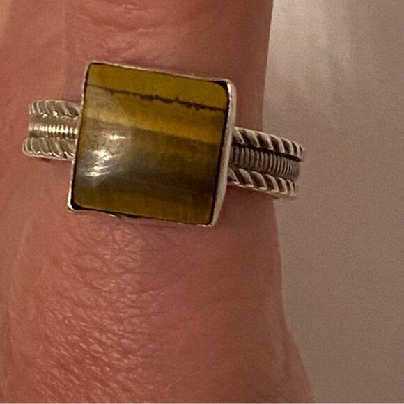RING STERLING SILVER TIGER EYE STONE BROWN SQUARE CABLE SHANK SIZE 12 - Picture 3 of 9